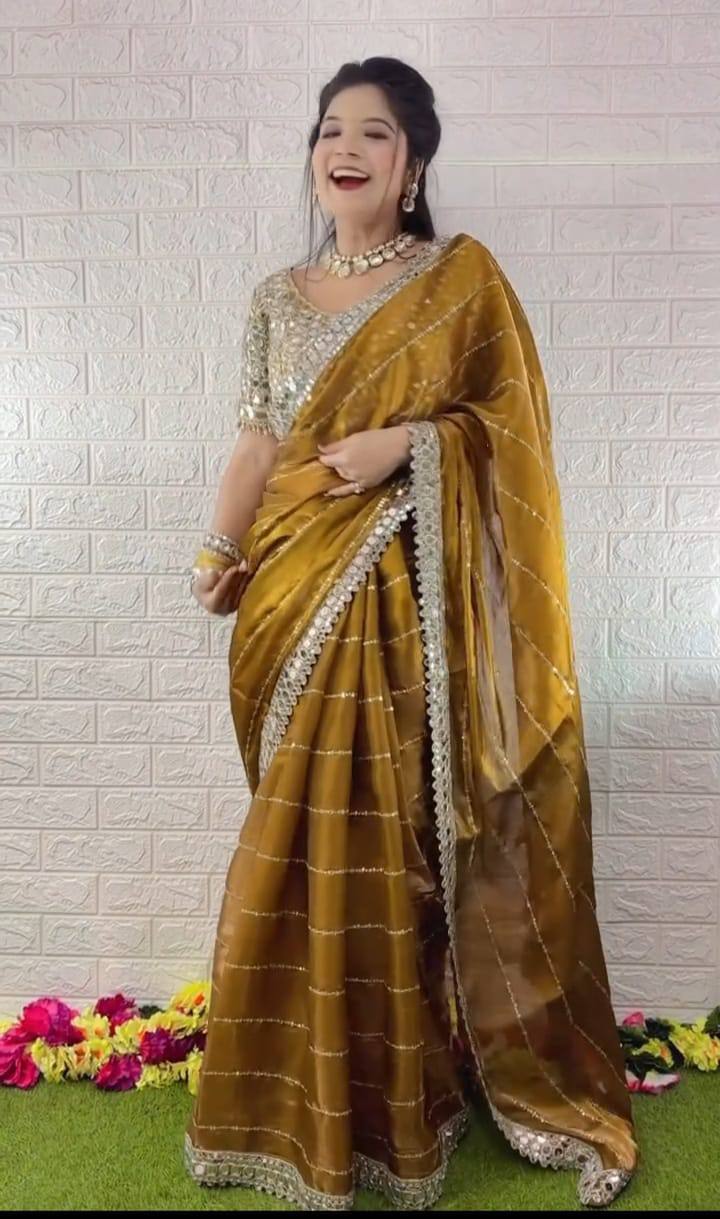 Mustered Organza Silk Mirror Embroidery Work Saree | Sarees, Bollywood Sarees, Creative Sarees, Designer Sarees, Embroidered Sarees, Ethnic Saree, Modern Digital sarees, Party Wear Sarees