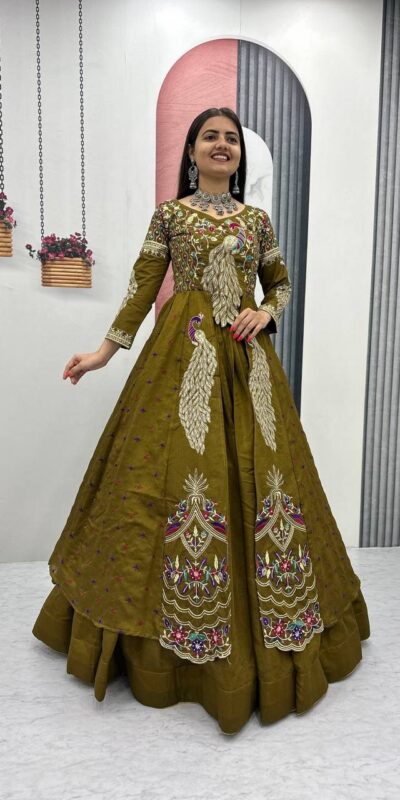 Mustered Vichitra Sequence Work Lehenga Choli | Lehenga, Bollywood Lehenga, Creative Lehenga, Designer Lehenga, Embroidered Lehenga, Party Wear Lehenga