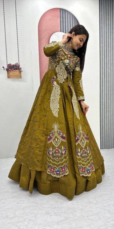 Mustered Vichitra Sequence Work Lehenga Choli | Lehenga, Bollywood Lehenga, Creative Lehenga, Designer Lehenga, Embroidered Lehenga, Party Wear Lehenga