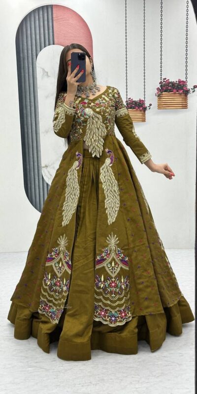 Mustered Vichitra Sequence Work Lehenga Choli | Lehenga, Bollywood Lehenga, Creative Lehenga, Designer Lehenga, Embroidered Lehenga, Party Wear Lehenga