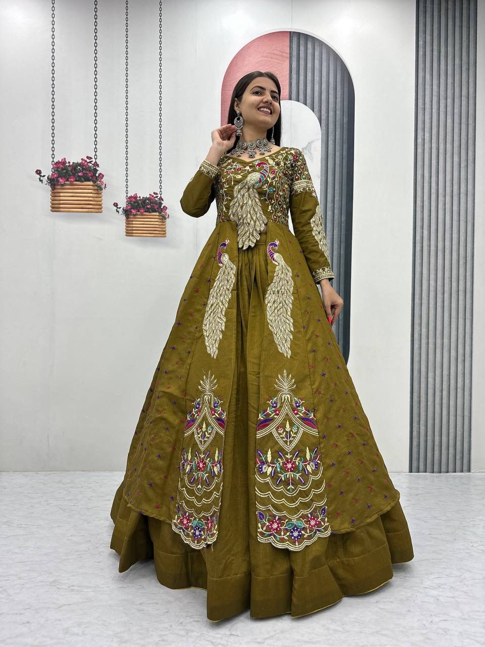 Mustered Vichitra Sequence Work Lehenga Choli | Lehenga, Bollywood Lehenga, Creative Lehenga, Designer Lehenga, Embroidered Lehenga, Party Wear Lehenga
