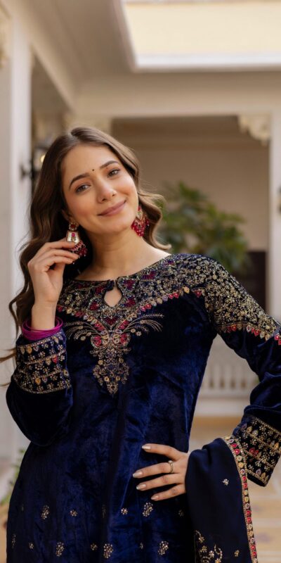 Navy Blue 9000 Velvet Embroider Lace Work Salwar Suit | Jump Suits, Salwar suit, Casual Suits, Creative suits, Designer Suits, Palazzo Suits, Party Wear Suits, Patiala Suits, Straight Suits