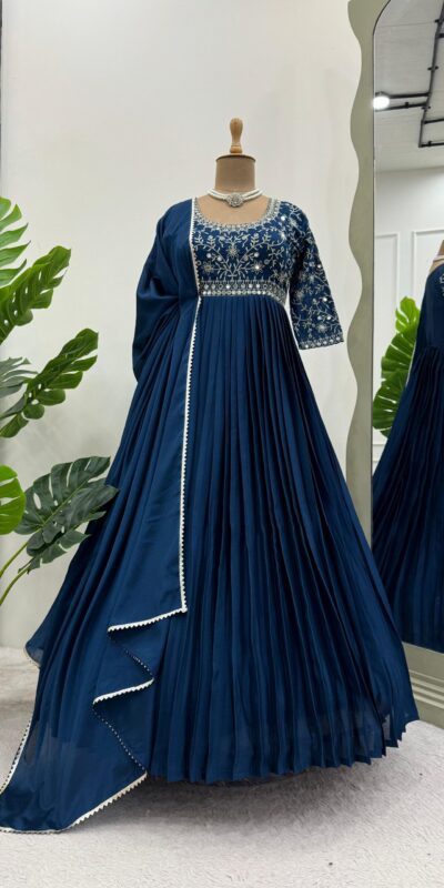 Navy Blue Chinon Silk Thread Real Mirror Gown | Gowns, Bollywood Gowns, Creative Gowns, Designer Gowns, Embroidered Gowns, Party Wear Gowns, Straight Suits