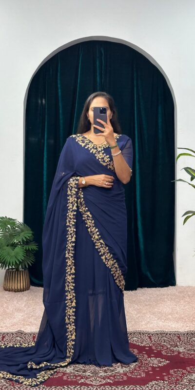 Navy Blue Faux Georgette Embroidery Work Border Stitched Saree-Gown | Gowns, Bollywood Gowns, Creative Gowns, Designer Gowns, Embroidered Gowns, Party Wear Gowns, Straight Suits
