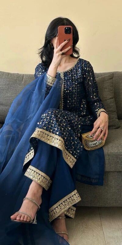 Navy Blue Foix Georgette Thread With Sequence Salwar Suit | Jump Suits, Salwar suit, Casual Suits, Creative suits, Designer Suits, Palazzo Suits, Party Wear Suits, Patiala Suits, Straight Suits