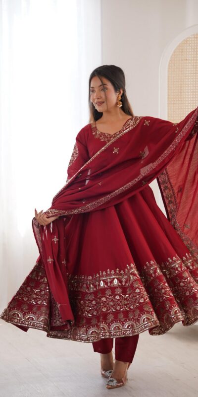 Nice Maroon Roman Silk Embroidery Work Gown | Gowns, Bollywood Gowns, Creative Gowns, Designer Gowns, Embroidered Gowns, Party Wear Gowns