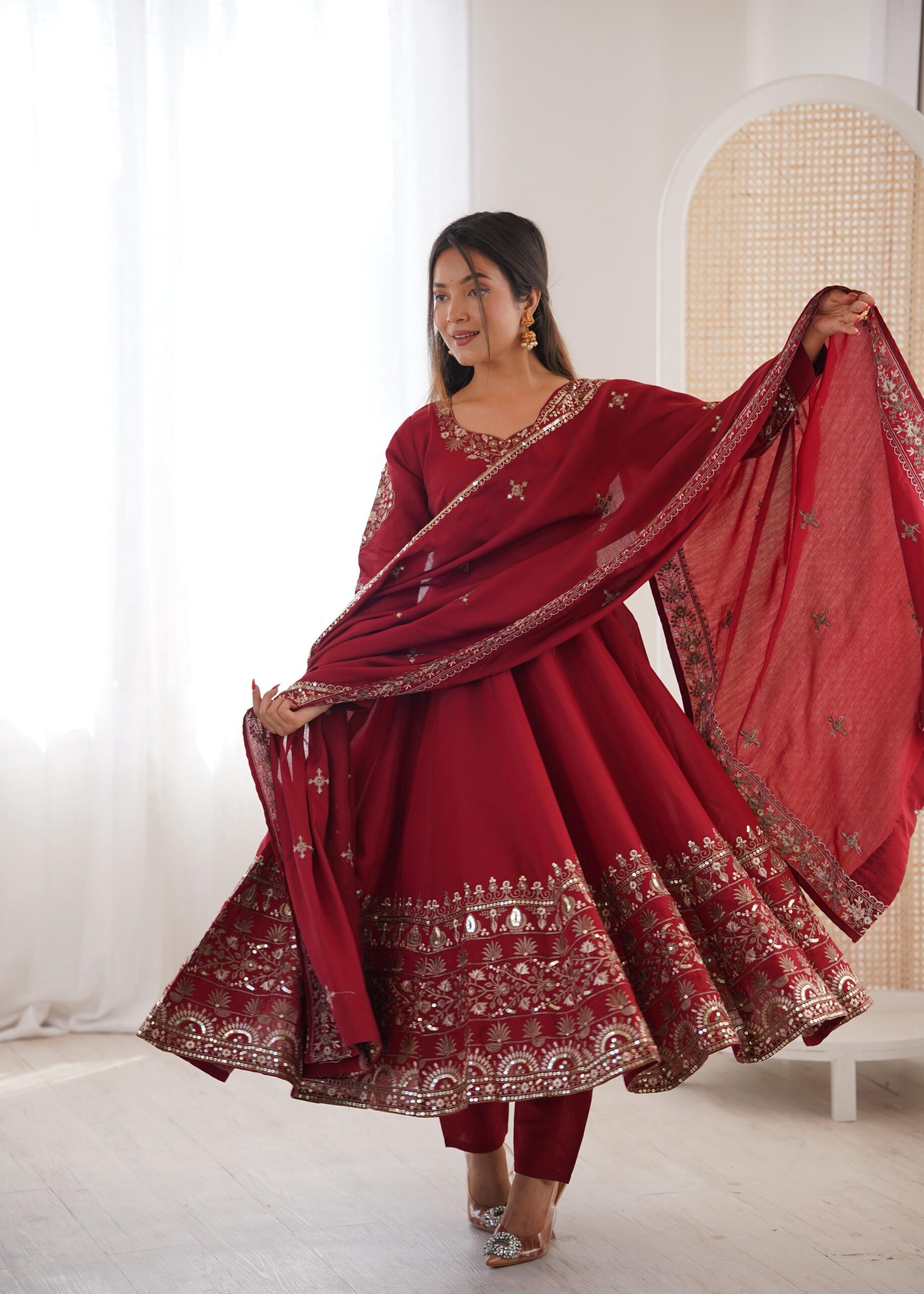Nice Maroon Roman Silk Embroidery Work Gown | Gowns, Bollywood Gowns, Creative Gowns, Designer Gowns, Embroidered Gowns, Party Wear Gowns