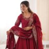 Nice Maroon Roman Silk Embroidery Work Gown | Gowns, Bollywood Gowns, Creative Gowns, Designer Gowns, Embroidered Gowns, Party Wear Gowns