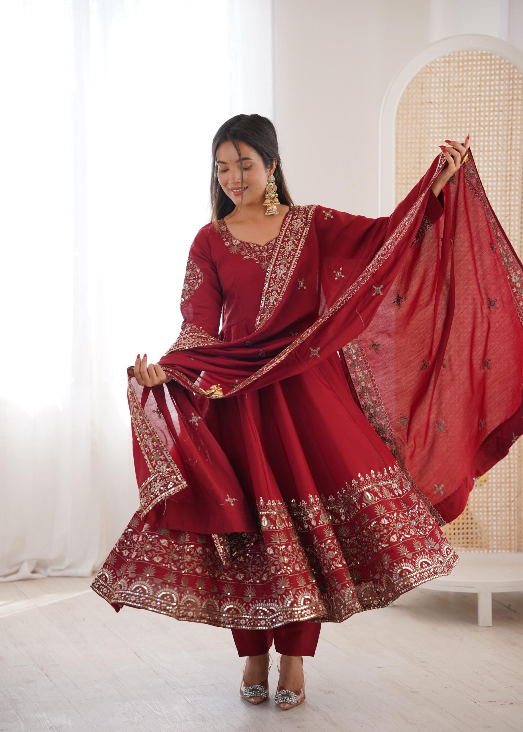 Nice Maroon Roman Silk Embroidery Work Gown | Gowns, Bollywood Gowns, Creative Gowns, Designer Gowns, Embroidered Gowns, Party Wear Gowns