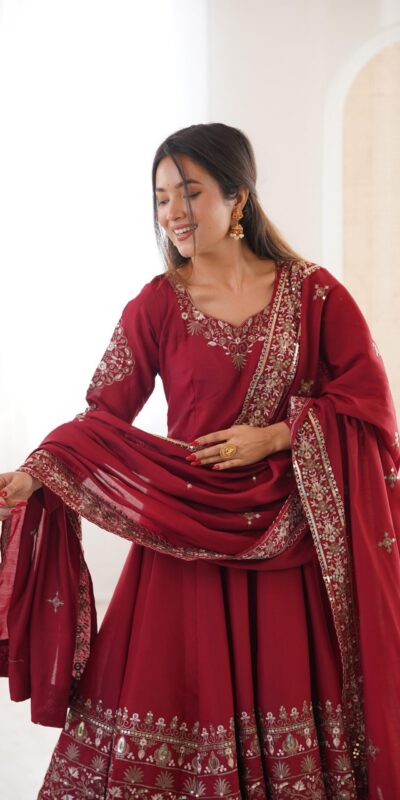 Nice Maroon Roman Silk Embroidery Work Gown | Gowns, Bollywood Gowns, Creative Gowns, Designer Gowns, Embroidered Gowns, Party Wear Gowns