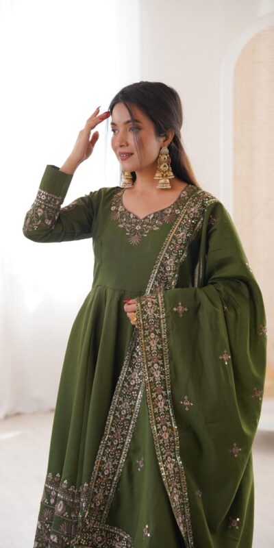 Nice Mehendi Roman Silk Embroidery Work Gown | Gowns, Bollywood Gowns, Creative Gowns, Designer Gowns, Embroidered Gowns, Party Wear Gowns