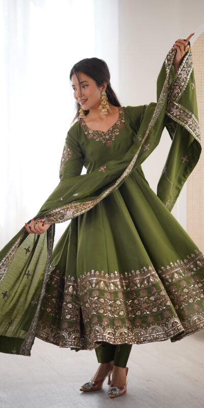 Nice Mehendi Roman Silk Embroidery Work Gown | Gowns, Bollywood Gowns, Creative Gowns, Designer Gowns, Embroidered Gowns, Party Wear Gowns