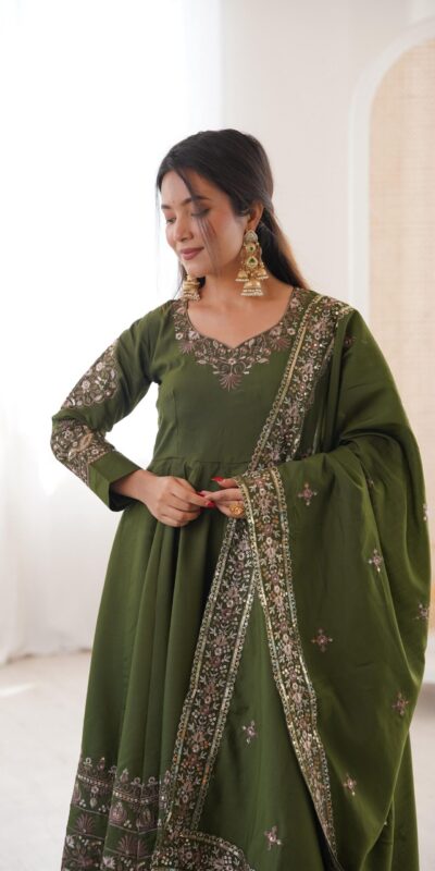 Nice Mehendi Roman Silk Embroidery Work Gown | Gowns, Bollywood Gowns, Creative Gowns, Designer Gowns, Embroidered Gowns, Party Wear Gowns
