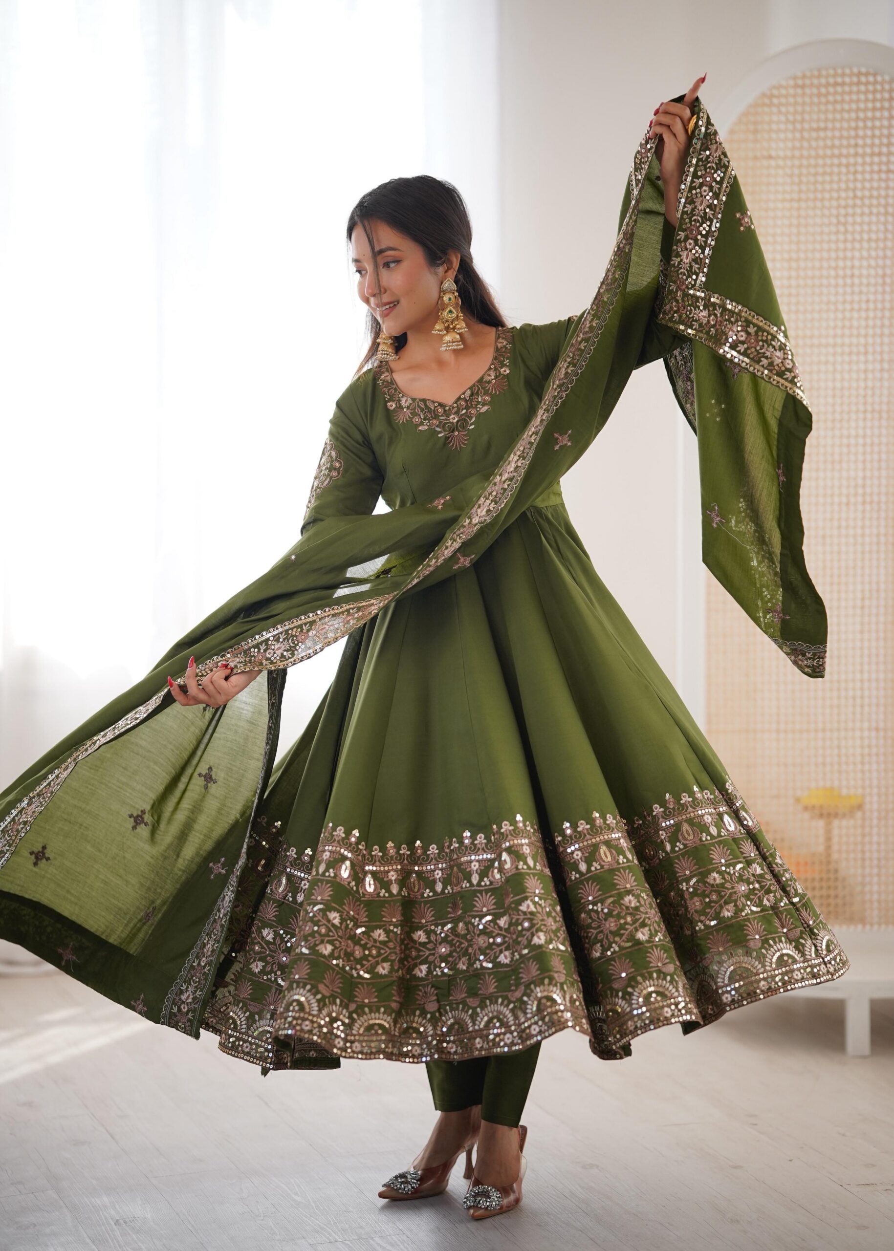 Nice Mehendi Roman Silk Embroidery Work Gown | Gowns, Bollywood Gowns, Creative Gowns, Designer Gowns, Embroidered Gowns, Party Wear Gowns