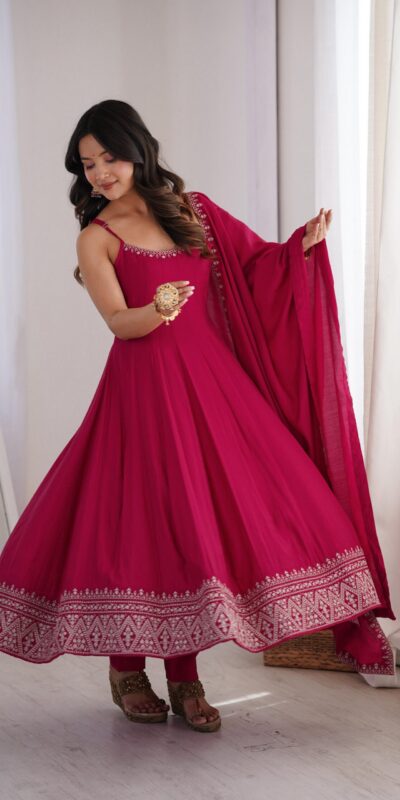 KB 305 Pink Roman Silk Chanderi Anarkali Suit with Thread Embroidery & Embroidery Work. Special Price ₹2149. Delivery 4-6 Working Days. Shop now. | Anarkali Suits, Bollywood Anarkali, Creative-Anarkali, Designer Anarkali, Embroidered Anarkali, Party Wear Anarkali