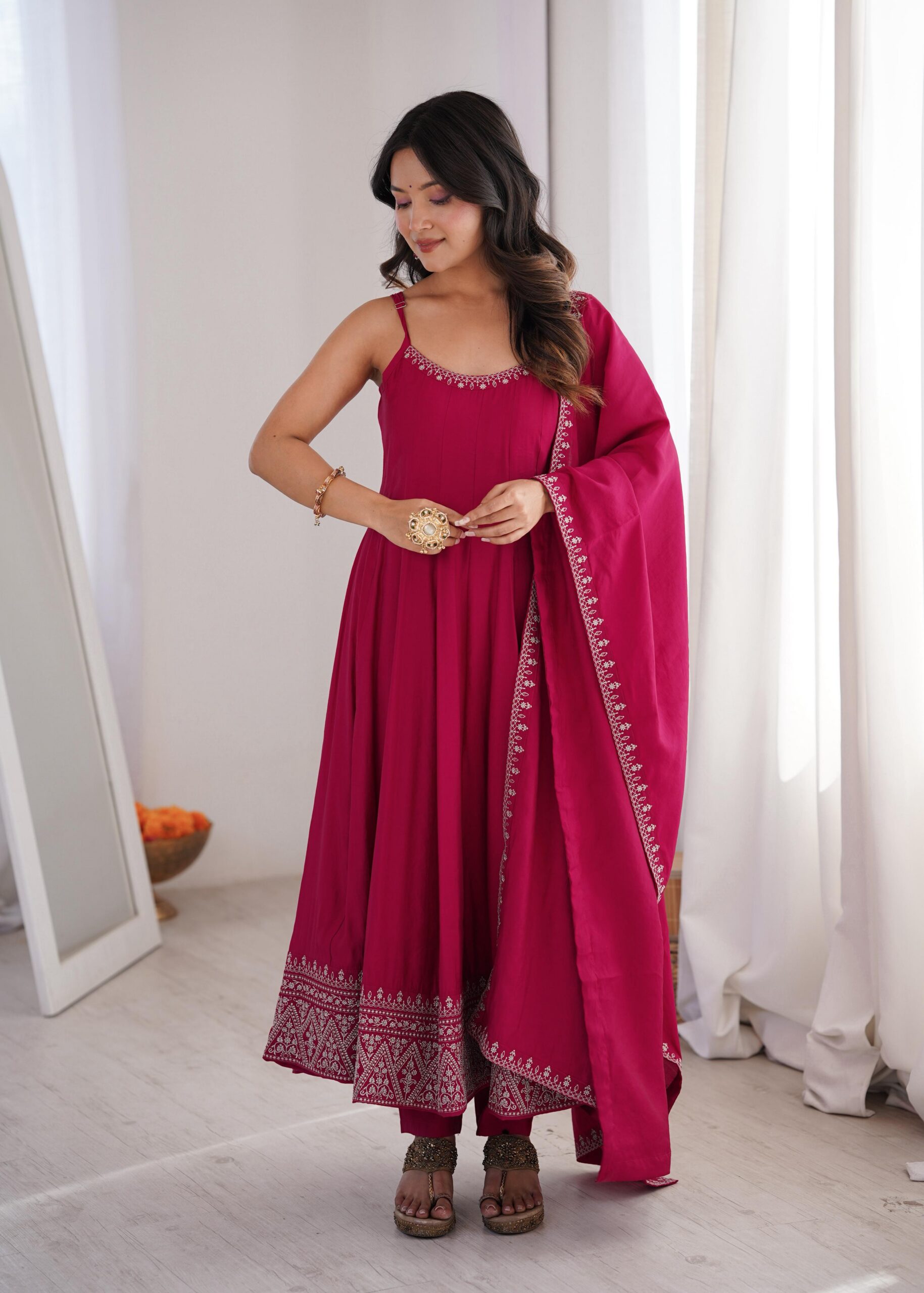 KB 305 Pink Roman Silk Chanderi Anarkali Suit with Thread Embroidery & Embroidery Work. Special Price ₹2149. Delivery 4-6 Working Days. Shop now. | Anarkali Suits, Bollywood Anarkali, Creative-Anarkali, Designer Anarkali, Embroidered Anarkali, Party Wear Anarkali