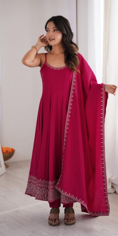 KB 305 Pink Roman Silk Chanderi Anarkali Suit with Thread Embroidery & Embroidery Work. Special Price ₹2149. Delivery 4-6 Working Days. Shop now. | Anarkali Suits, Bollywood Anarkali, Creative-Anarkali, Designer Anarkali, Embroidered Anarkali, Party Wear Anarkali