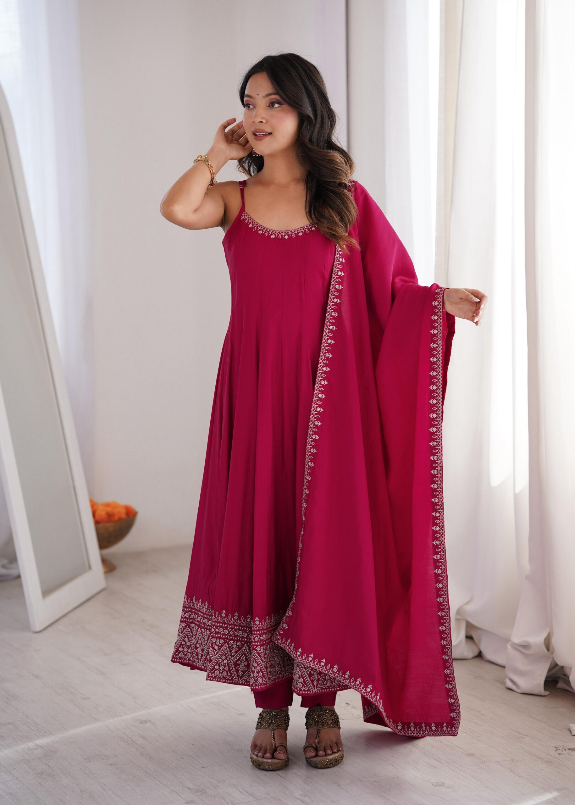 KB 305 Pink Roman Silk Chanderi Anarkali Suit with Thread Embroidery & Embroidery Work. Special Price ₹2149. Delivery 4-6 Working Days. Shop now. | Anarkali Suits, Bollywood Anarkali, Creative-Anarkali, Designer Anarkali, Embroidered Anarkali, Party Wear Anarkali