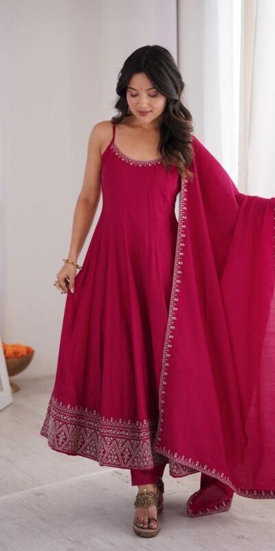 KB 305 Pink Roman Silk Chanderi Anarkali Suit with Thread Embroidery & Embroidery Work. Special Price ₹2149. Delivery 4-6 Working Days. Shop now. | Anarkali Suits, Bollywood Anarkali, Creative-Anarkali, Designer Anarkali, Embroidered Anarkali, Party Wear Anarkali