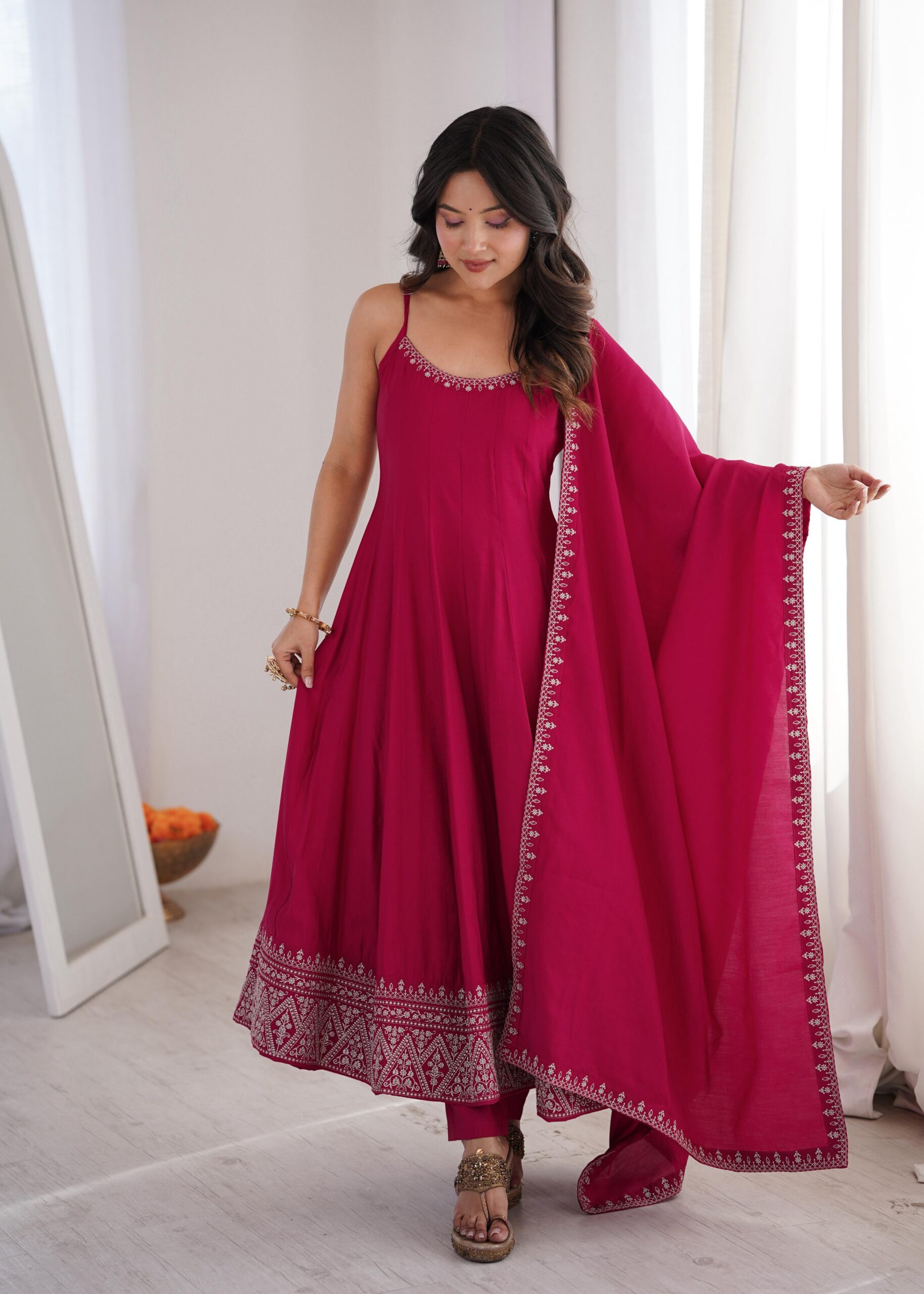 KB 305 Pink Roman Silk Chanderi Anarkali Suit with Thread Embroidery & Embroidery Work. Special Price ₹2149. Delivery 4-6 Working Days. Shop now. | Anarkali Suits, Bollywood Anarkali, Creative-Anarkali, Designer Anarkali, Embroidered Anarkali, Party Wear Anarkali