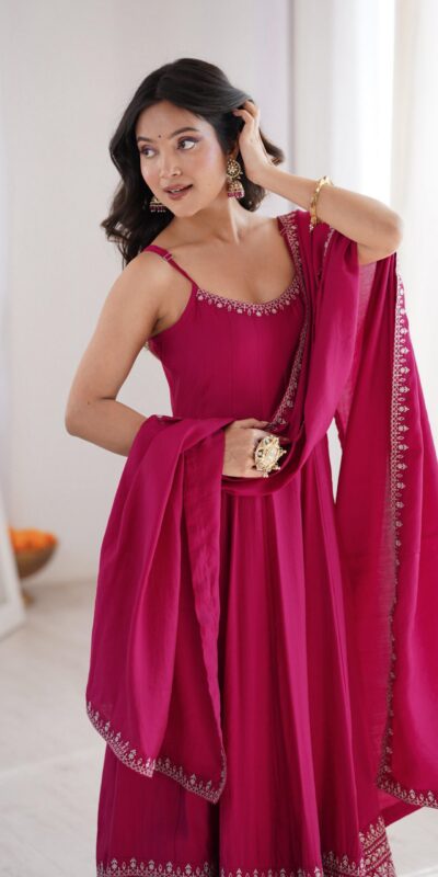 KB 305 Pink Roman Silk Chanderi Anarkali Suit with Thread Embroidery & Embroidery Work. Special Price ₹2149. Delivery 4-6 Working Days. Shop now. | Anarkali Suits, Bollywood Anarkali, Creative-Anarkali, Designer Anarkali, Embroidered Anarkali, Party Wear Anarkali