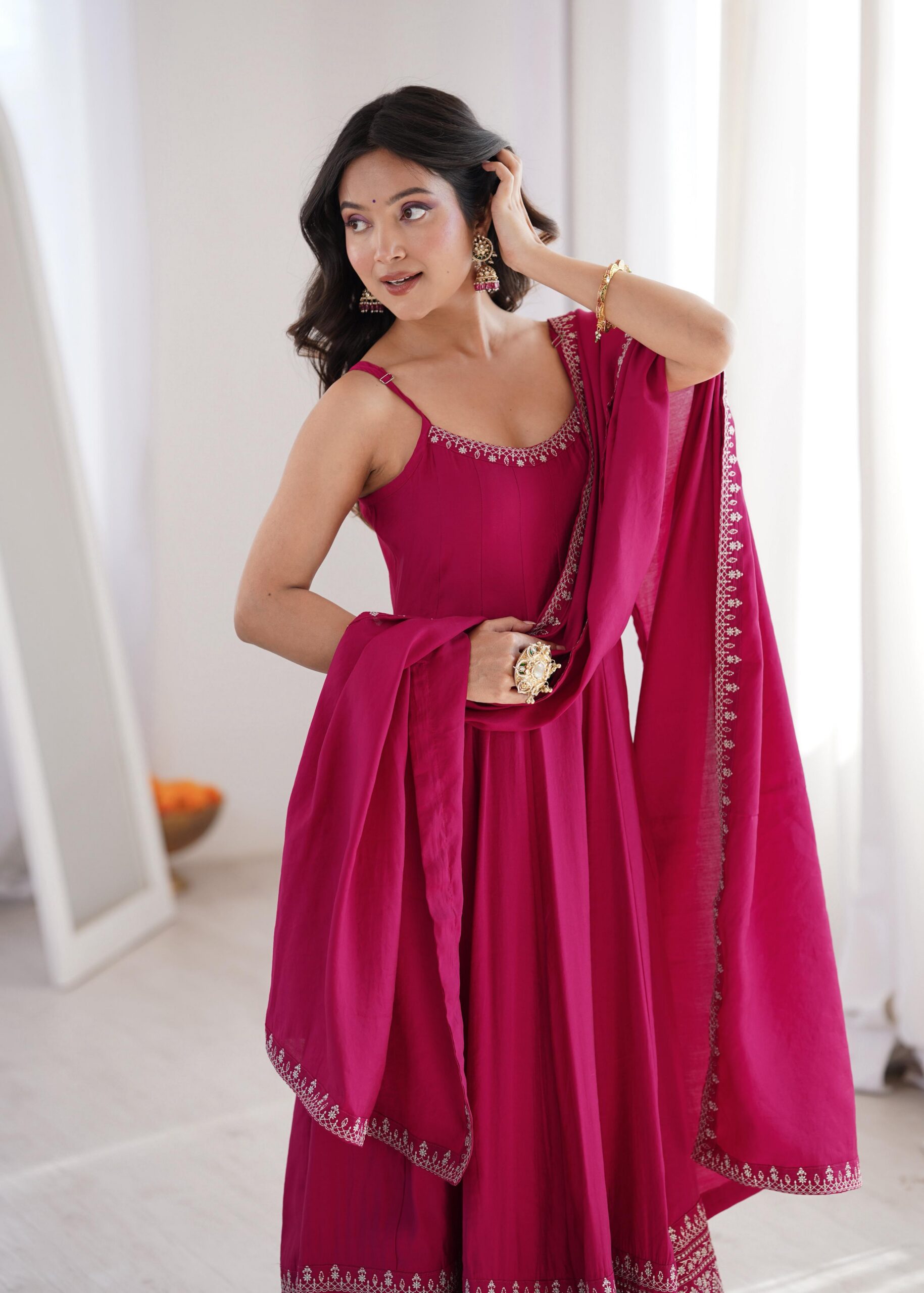 KB 305 Pink Roman Silk Chanderi Anarkali Suit with Thread Embroidery & Embroidery Work. Special Price ₹2149. Delivery 4-6 Working Days. Shop now. | Anarkali Suits, Bollywood Anarkali, Creative-Anarkali, Designer Anarkali, Embroidered Anarkali, Party Wear Anarkali
