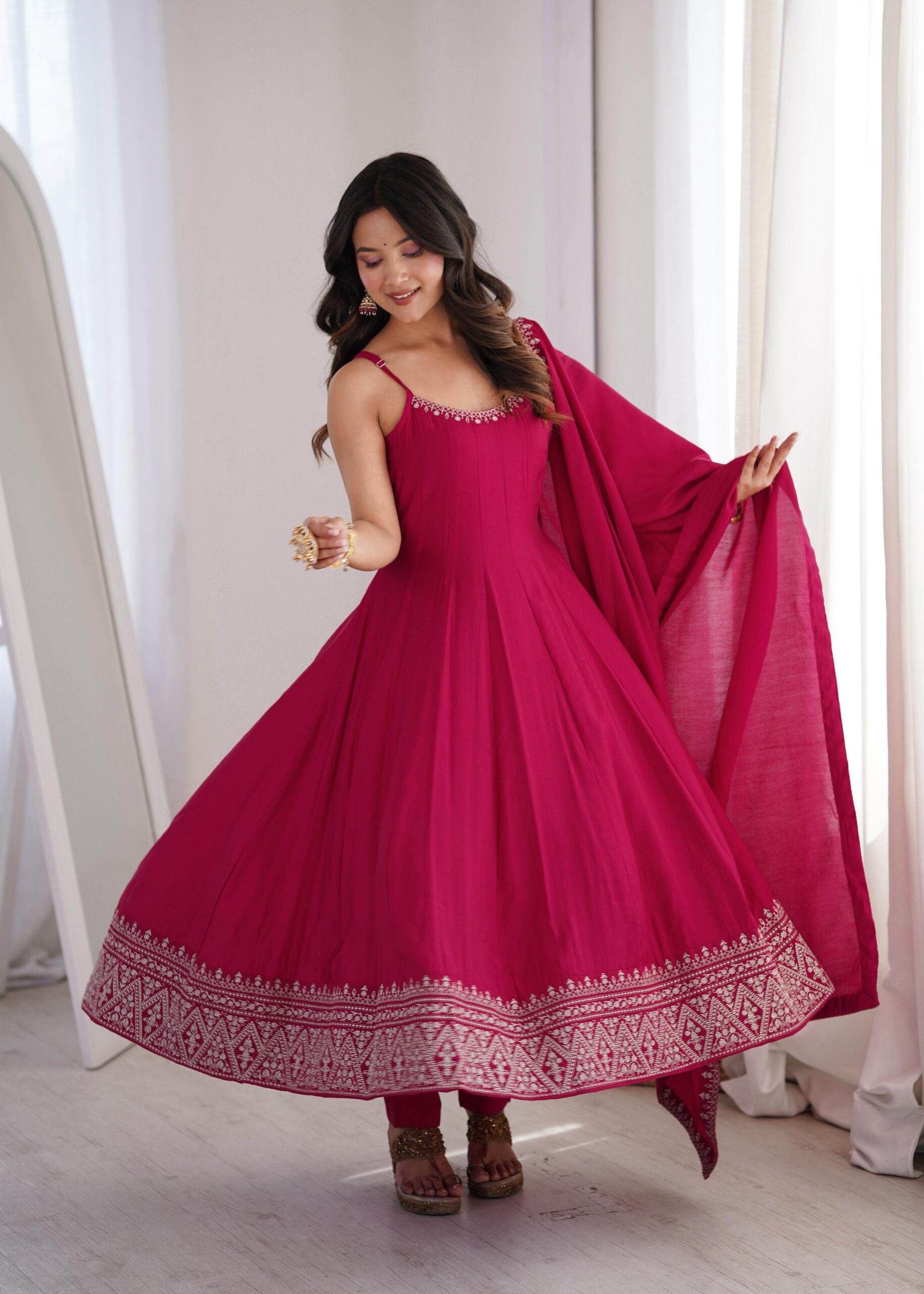 KB 305 Pink Roman Silk Chanderi Anarkali Suit with Thread Embroidery & Embroidery Work. Special Price ₹2149. Delivery 4-6 Working Days. Shop now. | Anarkali Suits, Bollywood Anarkali, Creative-Anarkali, Designer Anarkali, Embroidered Anarkali, Party Wear Anarkali