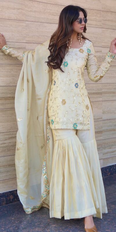 Off White Chinnon Embroidery Work Salwar Suit | Jump Suits, Salwar suit, Casual Suits, Creative suits, Designer Suits, Palazzo Suits, Party Wear Suits, Patiala Suits, Straight Suits