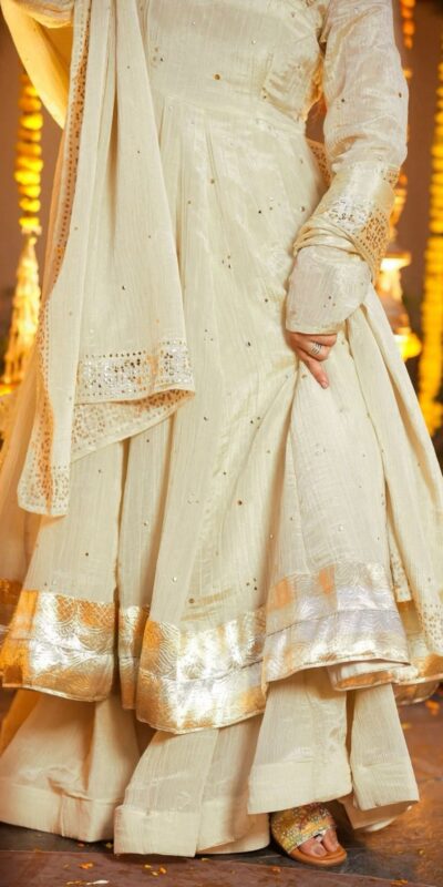 Off White Chinon Silk Lagadi Patta Gown | Gowns, Bollywood Gowns, Creative Gowns, Designer Gowns, Embroidered Gowns, Party Wear Gowns