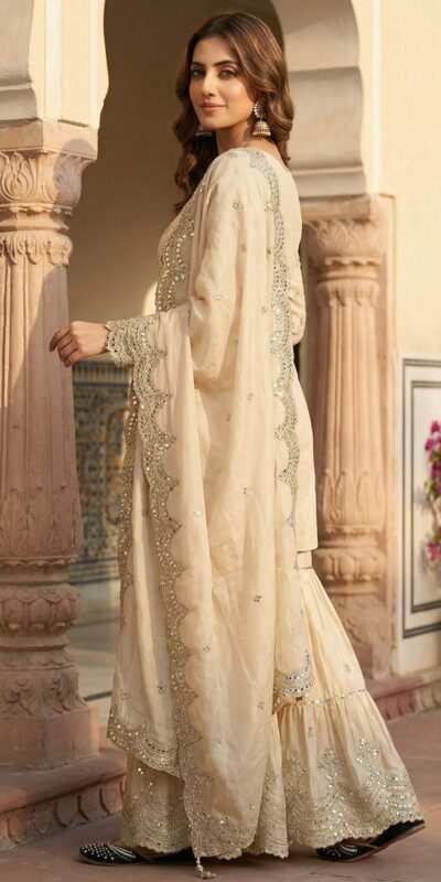 Off White Chinon Silk Sequence Work Salwar Suit | Jump Suits, Salwar suit, Casual Suits, Creative suits, Designer Suits, Palazzo Suits, Party Wear Suits, Patiala Suits, Straight Suits