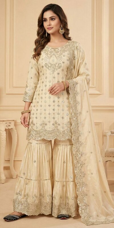Off White Chinon Silk Sequence Work Salwar Suit | Jump Suits, Salwar suit, Casual Suits, Creative suits, Designer Suits, Palazzo Suits, Party Wear Suits, Patiala Suits, Straight Suits