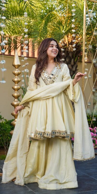 Off White Cosmos Silk Mirror Embroidery Work Salwar Suit | Jump Suits, Tops & Bottoms, Track Suits, Salwar suit, Casual Suits, Creative suits, Designer Suits, Palazzo Suits, Party Wear Suits, Patiala Suits, Straight Suits, Trendy Wear