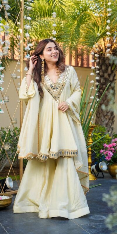 Off White Cosmos Silk Mirror Embroidery Work Salwar Suit | Jump Suits, Tops & Bottoms, Track Suits, Salwar suit, Casual Suits, Creative suits, Designer Suits, Palazzo Suits, Party Wear Suits, Patiala Suits, Straight Suits, Trendy Wear