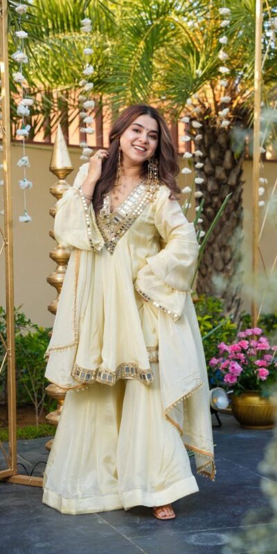 Off White Cosmos Silk Mirror Embroidery Work Salwar Suit | Jump Suits, Tops & Bottoms, Track Suits, Salwar suit, Casual Suits, Creative suits, Designer Suits, Palazzo Suits, Party Wear Suits, Patiala Suits, Straight Suits, Trendy Wear