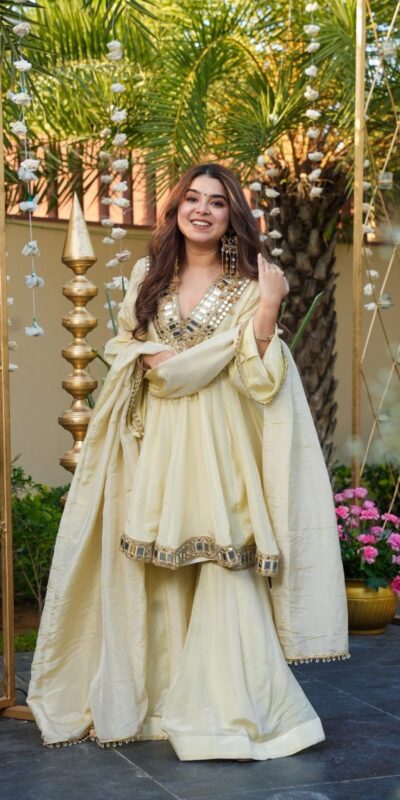 Off White Cosmos Silk Mirror Embroidery Work Salwar Suit | Jump Suits, Tops & Bottoms, Track Suits, Salwar suit, Casual Suits, Creative suits, Designer Suits, Palazzo Suits, Party Wear Suits, Patiala Suits, Straight Suits, Trendy Wear
