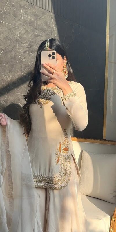 Off White Korean Satin Silk Embroidery Work Salwar Suit | Jump Suits, Salwar suit, Casual Suits, Creative suits, Designer Suits, Palazzo Suits, Party Wear Suits, Patiala Suits, Straight Suits
