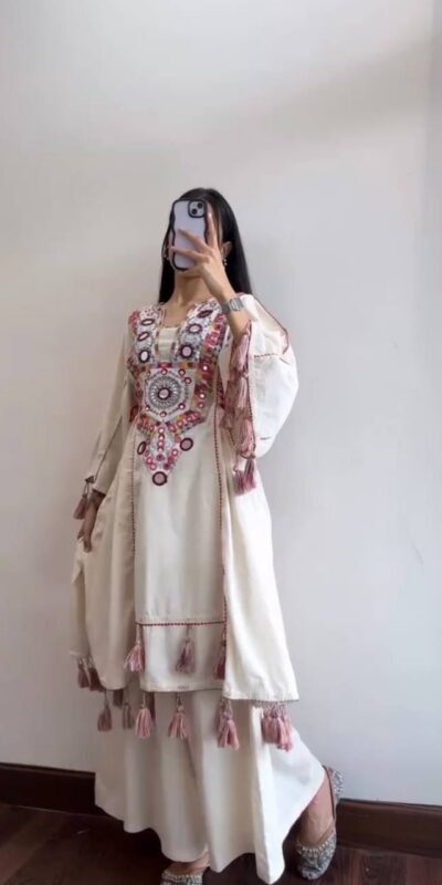 Off White Rayon Cotton Embroidery Mirror Work Salwar Suit | Jump Suits, Salwar suit, Casual Suits, Creative suits, Designer Suits, Palazzo Suits, Party Wear Suits, Patiala Suits, Straight Suits