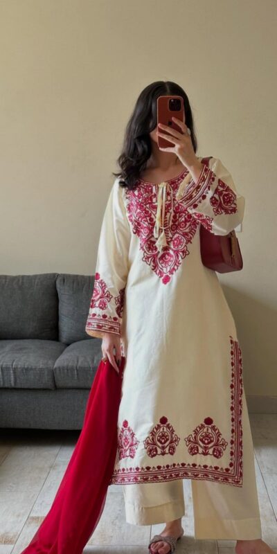 Off White Roman Embroidery Salwar Suit | Jump Suits, Salwar suit, Casual Suits, Creative suits, Designer Suits, Palazzo Suits, Party Wear Suits, Patiala Suits, Straight Suits