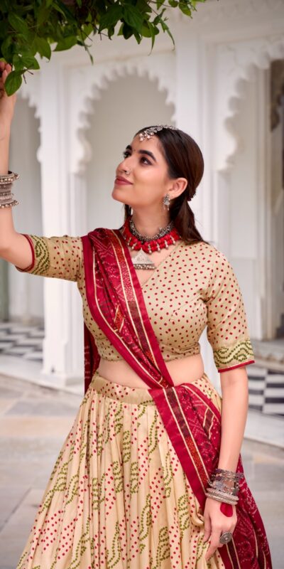 Off White Tasar Silk Bandhej Print Lehenga Choli | Lehenga, Bollywood Lehenga, Creative Lehenga, Designer Lehenga, Embroidered Lehenga, Party Wear Lehenga