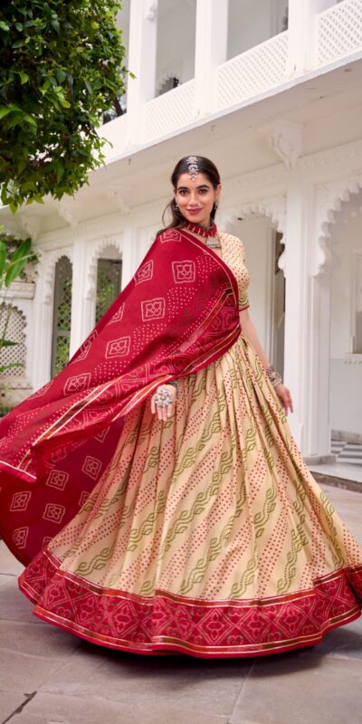 Off White Tasar Silk Bandhej Print Lehenga Choli | Lehenga, Bollywood Lehenga, Creative Lehenga, Designer Lehenga, Embroidered Lehenga, Party Wear Lehenga