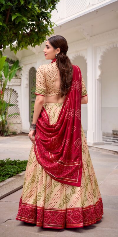 Off White Tasar Silk Bandhej Print Lehenga Choli | Lehenga, Bollywood Lehenga, Creative Lehenga, Designer Lehenga, Embroidered Lehenga, Party Wear Lehenga