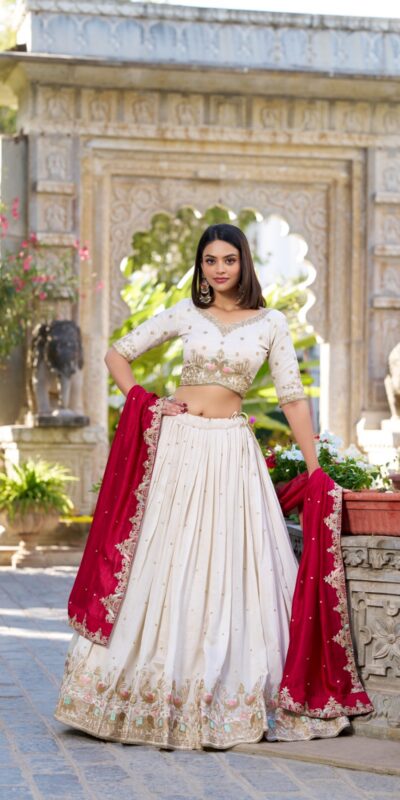 Off White Vichitra Silk Sequins Work Lehenga Choli | Lehenga, Bollywood Lehenga, Creative Lehenga, Designer Lehenga, Embroidered Lehenga, Party Wear Lehenga