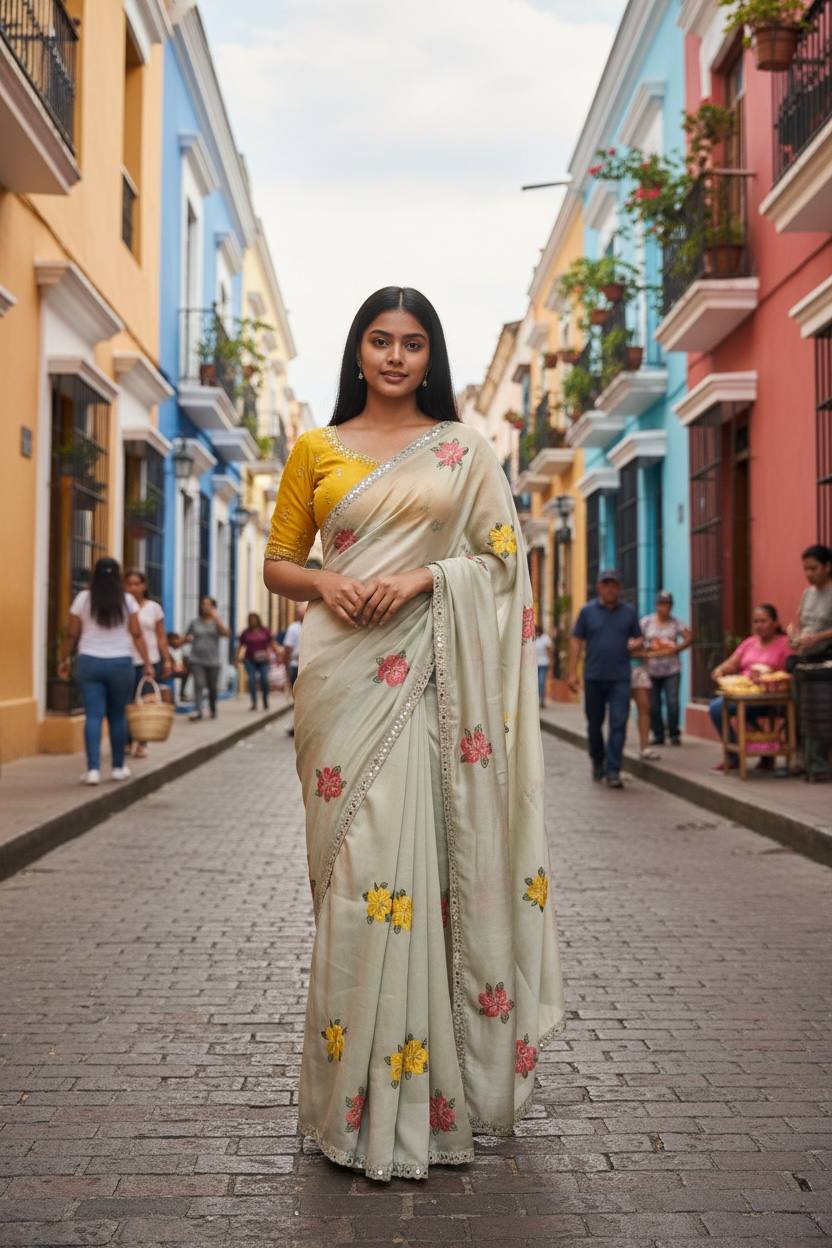 Off White Viscose Rangoli Embroidery Mirror Work Saree | Sarees, Bollywood Sarees, Creative Sarees, Designer Sarees, Embroidered Sarees, Ethnic Saree, Modern Digital sarees, Party Wear Sarees