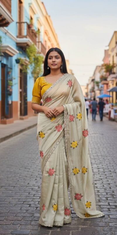 Off White Viscose Rangoli Embroidery Mirror Work Saree | Sarees, Bollywood Sarees, Creative Sarees, Designer Sarees, Embroidered Sarees, Ethnic Saree, Modern Digital sarees, Party Wear Sarees
