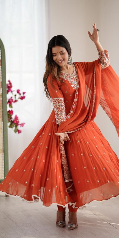 Orange Blooming Faux Embroidery Work Gown | Lehenga, Bollywood Lehenga, Creative Lehenga, Designer Lehenga, Embroidered Lehenga, Party Wear Lehenga