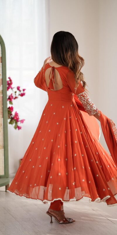 Orange Blooming Faux Embroidery Work Gown | Lehenga, Bollywood Lehenga, Creative Lehenga, Designer Lehenga, Embroidered Lehenga, Party Wear Lehenga
