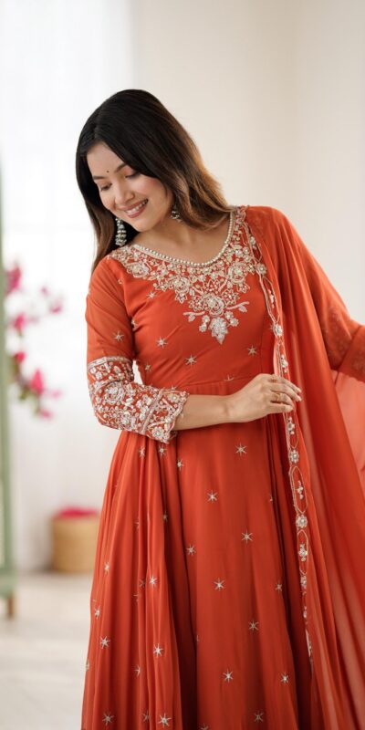 Orange Blooming Faux Embroidery Work Gown | Lehenga, Bollywood Lehenga, Creative Lehenga, Designer Lehenga, Embroidered Lehenga, Party Wear Lehenga