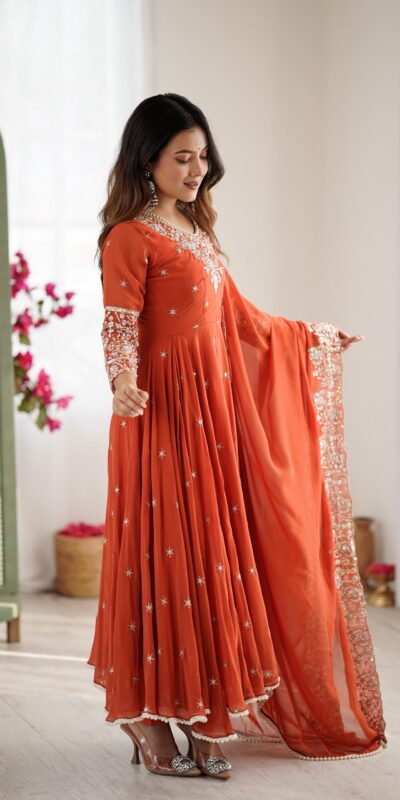 Orange Blooming Faux Embroidery Work Gown | Lehenga, Bollywood Lehenga, Creative Lehenga, Designer Lehenga, Embroidered Lehenga, Party Wear Lehenga