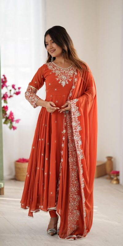 Orange Blooming Faux Embroidery Work Gown | Lehenga, Bollywood Lehenga, Creative Lehenga, Designer Lehenga, Embroidered Lehenga, Party Wear Lehenga