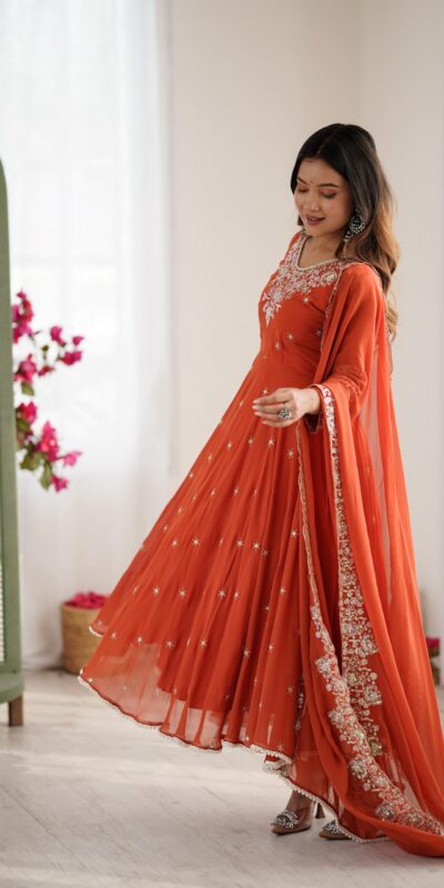 Orange Blooming Faux Embroidery Work Gown | Lehenga, Bollywood Lehenga, Creative Lehenga, Designer Lehenga, Embroidered Lehenga, Party Wear Lehenga